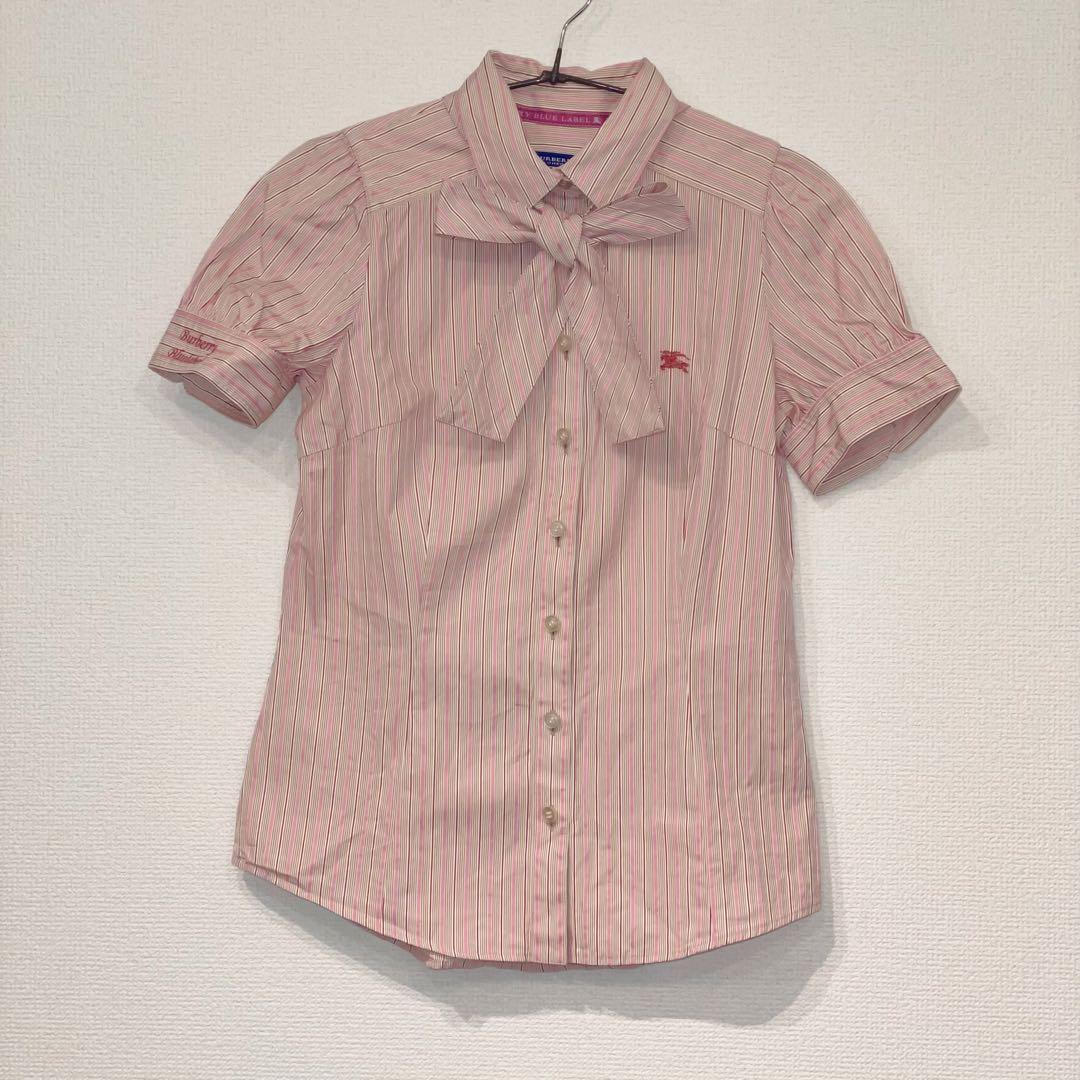 美品♡　バーバリーブルーレーベル　ストライプ　半袖　リボン　ボウタイ　ブラウス