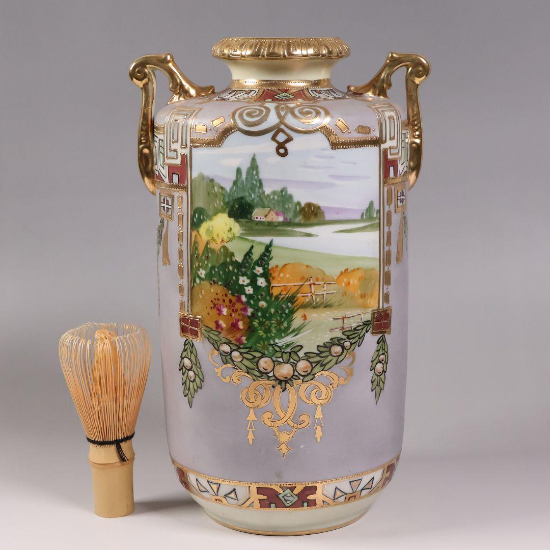 【CM318】オールドノリタケ パネル風景 耳付 花瓶 金彩 金盛 明治