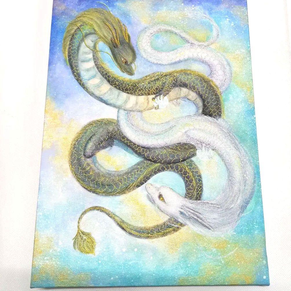 No.451 龍神 白龍 黒龍 双龍 開運絵画 大きめ F4サイズ