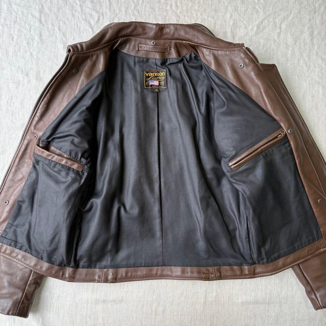VANSON バンソン ブラウン 襟付き シングルライダースジャケット 38