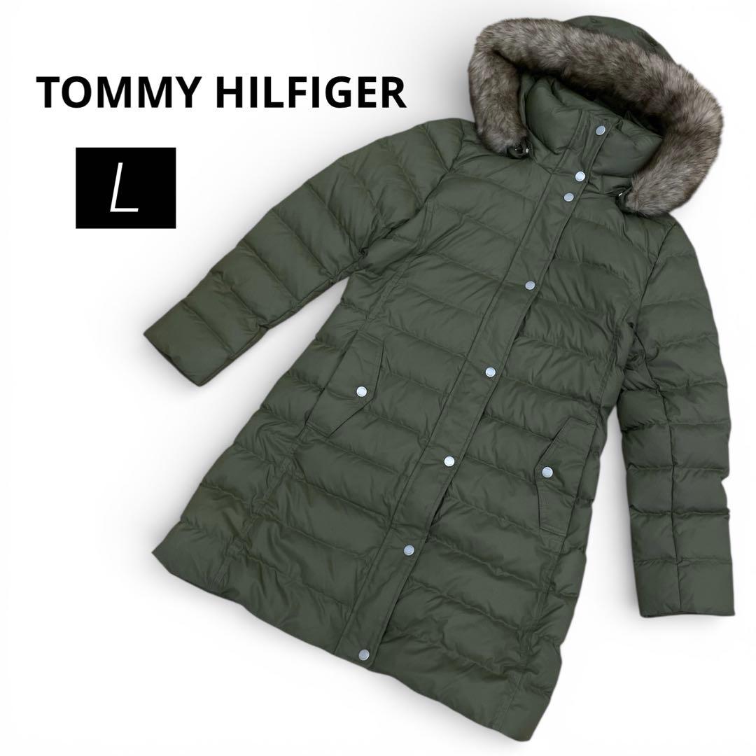美品　トミーヒルフィガー　ダウンジャケット　ロング丈　フード付　カーキ　L