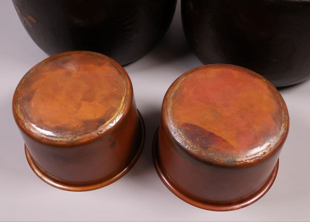 桐火鉢一対 菊蒔絵 草花 木箱入り 手あぶり 古民具 漆芸 茶道具【MB55】