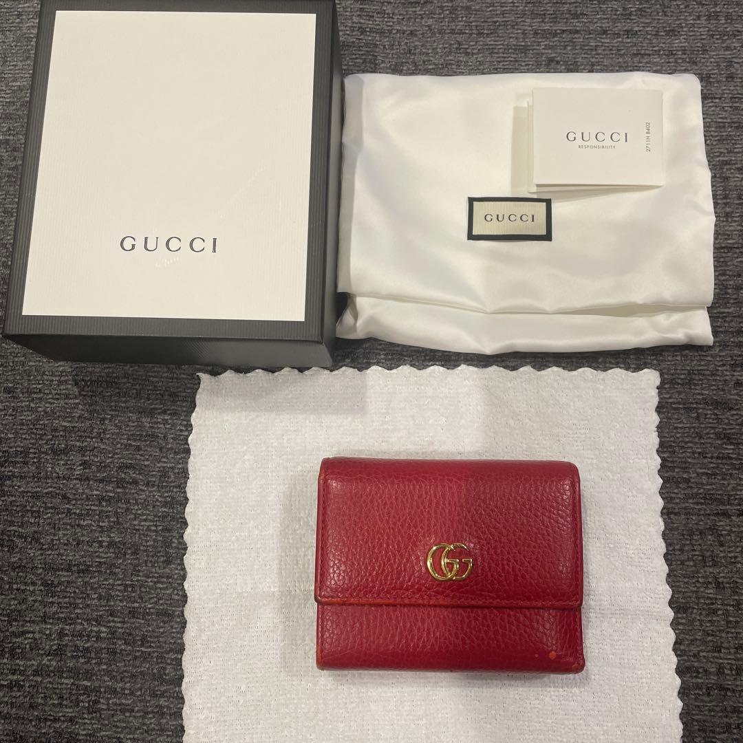 GUCCI グッチ 三つ折り コンパクトウォレット マーモント GGロゴ レッド