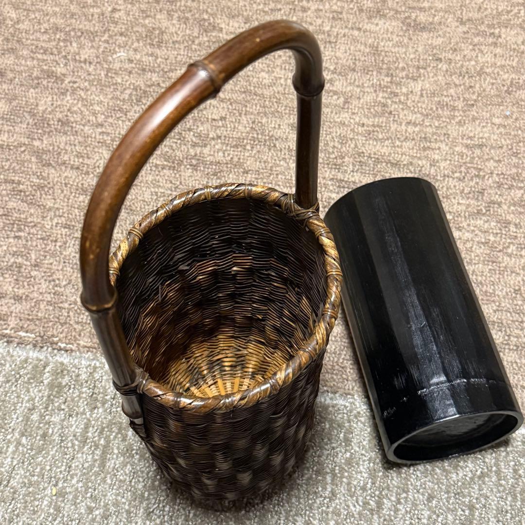職人手作り 竹 花入 籠 竹職人 毛利健一 （号 有彩）作 竹編み竹工芸 花器