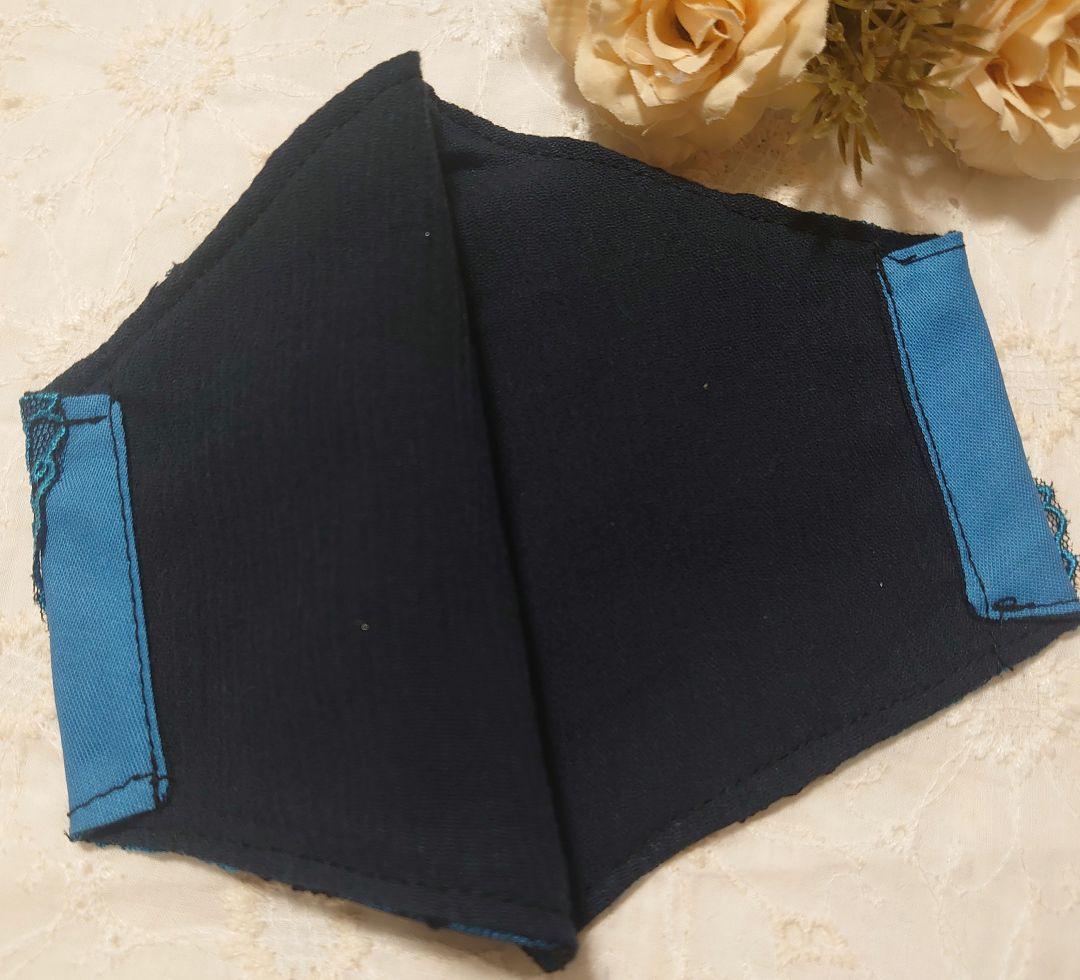 Ｎｏ．2239 ペールブルー✕ブラック花柄チュールレース♡ハンドメイドマスク