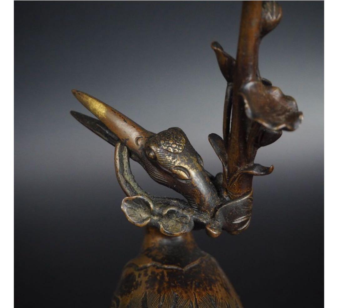 送料無料　江戸～明治時代　古銅鶴亀燭台　精巧細密作り　極上品　高29ｃｍ