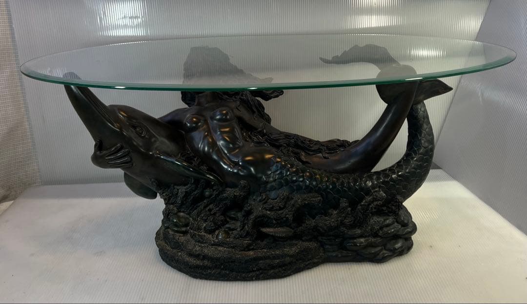 ヴィンテージ マーメイド コーヒーテーブル ガラストップ ブロンズ1980 年代
