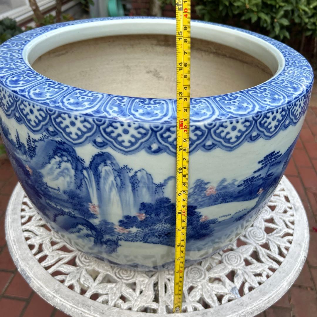 中国骨董50年以上旧蔵唐物 染付手絵山水紋大鉢 火鉢、金魚鉢、睡蓮鉢、水槽に兼用
