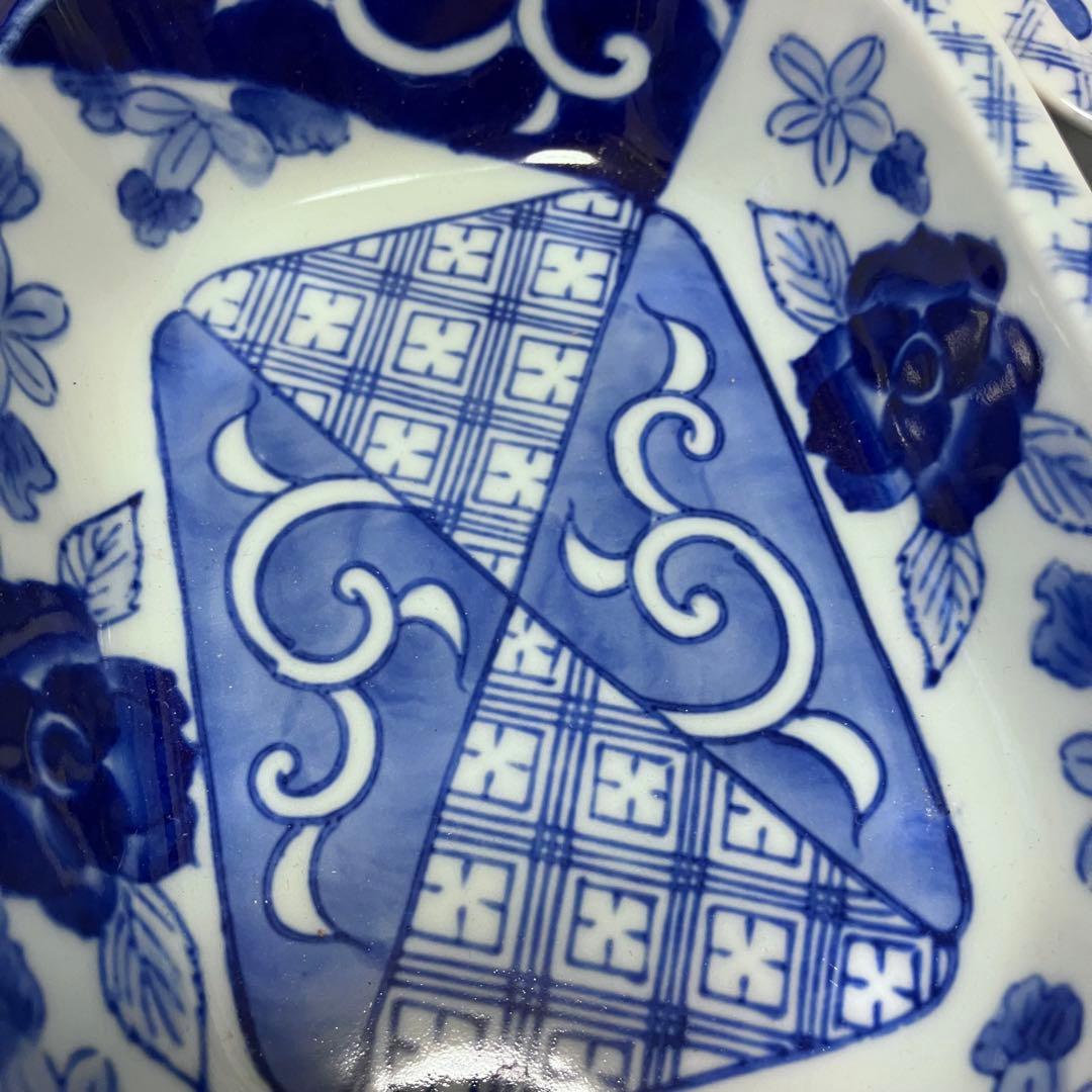 其泉窯 藍染花地紋 八角皿 5枚 箱付き 小鉢 古伊万里