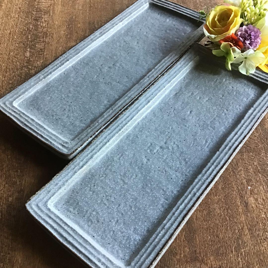 ikaringです。新品美濃焼ブルーグレーリム茶渕長皿　さんま皿6枚セット