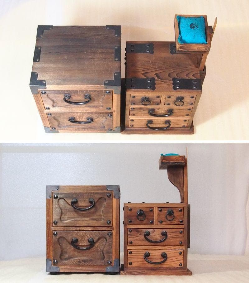 【良品】焼杉 隠し収納付き小引き出し＆裁縫箱 からくり収納/針箱 家具インテリア