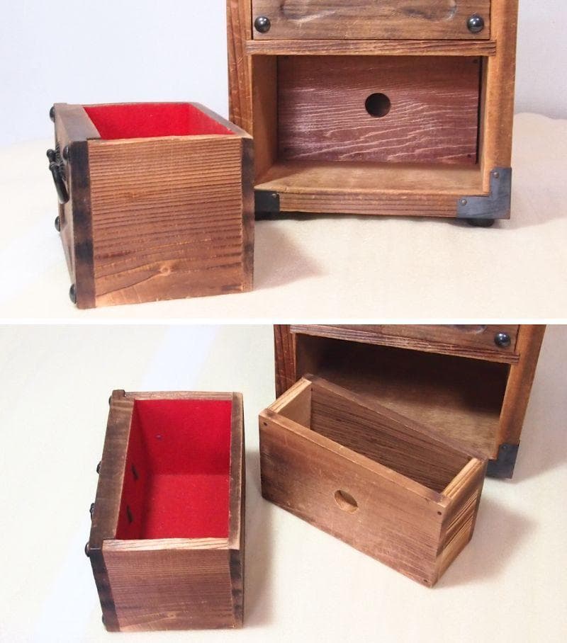 【良品】焼杉 隠し収納付き小引き出し＆裁縫箱 からくり収納/針箱 家具インテリア
