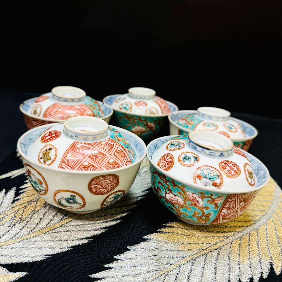 有田焼　古伊万里　染錦染付唐花草　蓋付き茶碗　5客