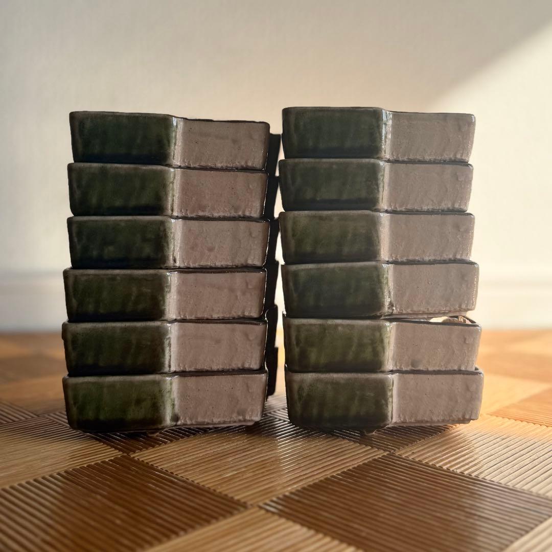 SNT1395 織部焼 伝統工芸品 脚付 変形角皿 向付け 12客 割烹 料亭