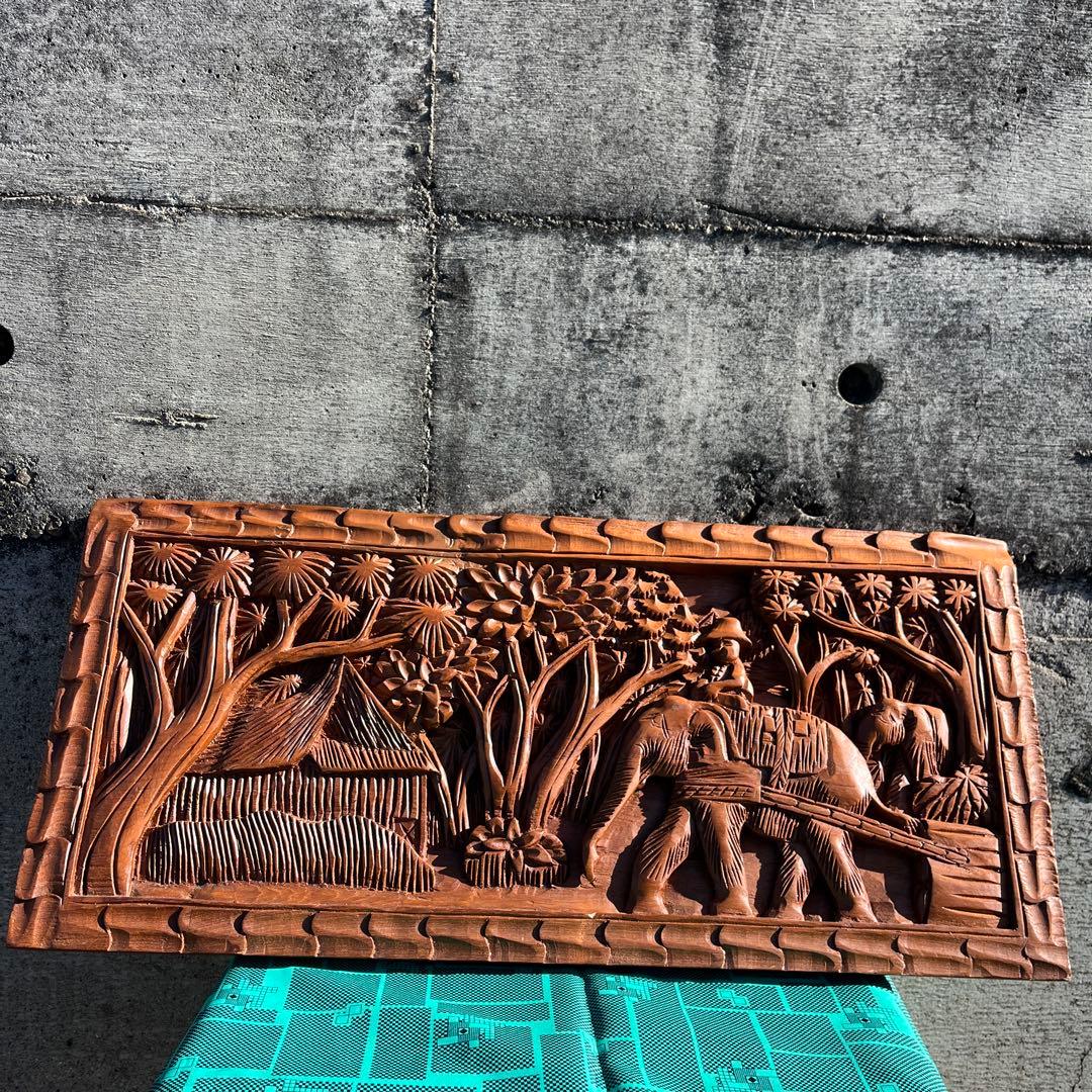 タイ製 手彫り 象 壁掛け木彫アート アジアン 彫刻 雑貨 ヴィンテージ