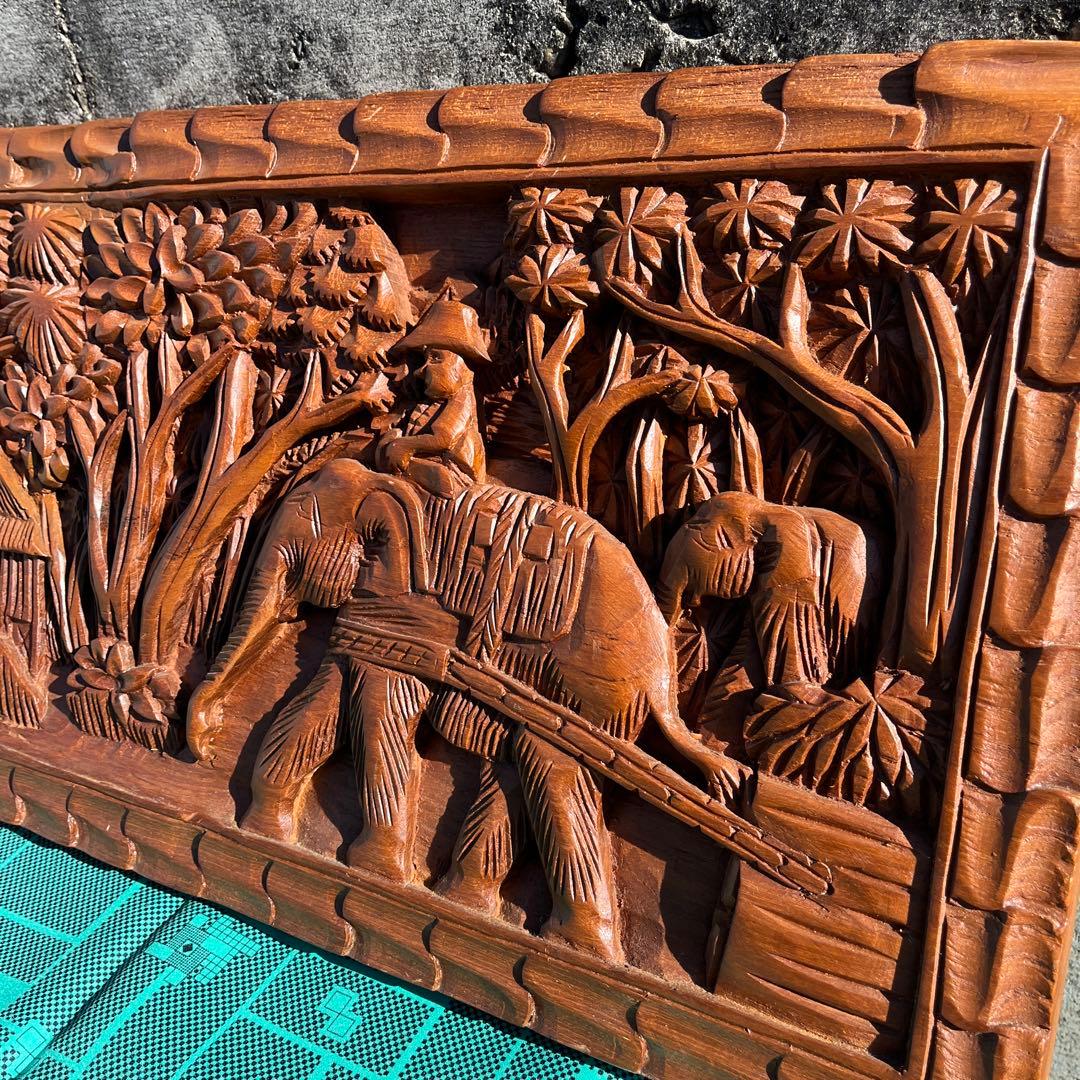 タイ製 手彫り 象 壁掛け木彫アート アジアン 彫刻 雑貨 ヴィンテージ