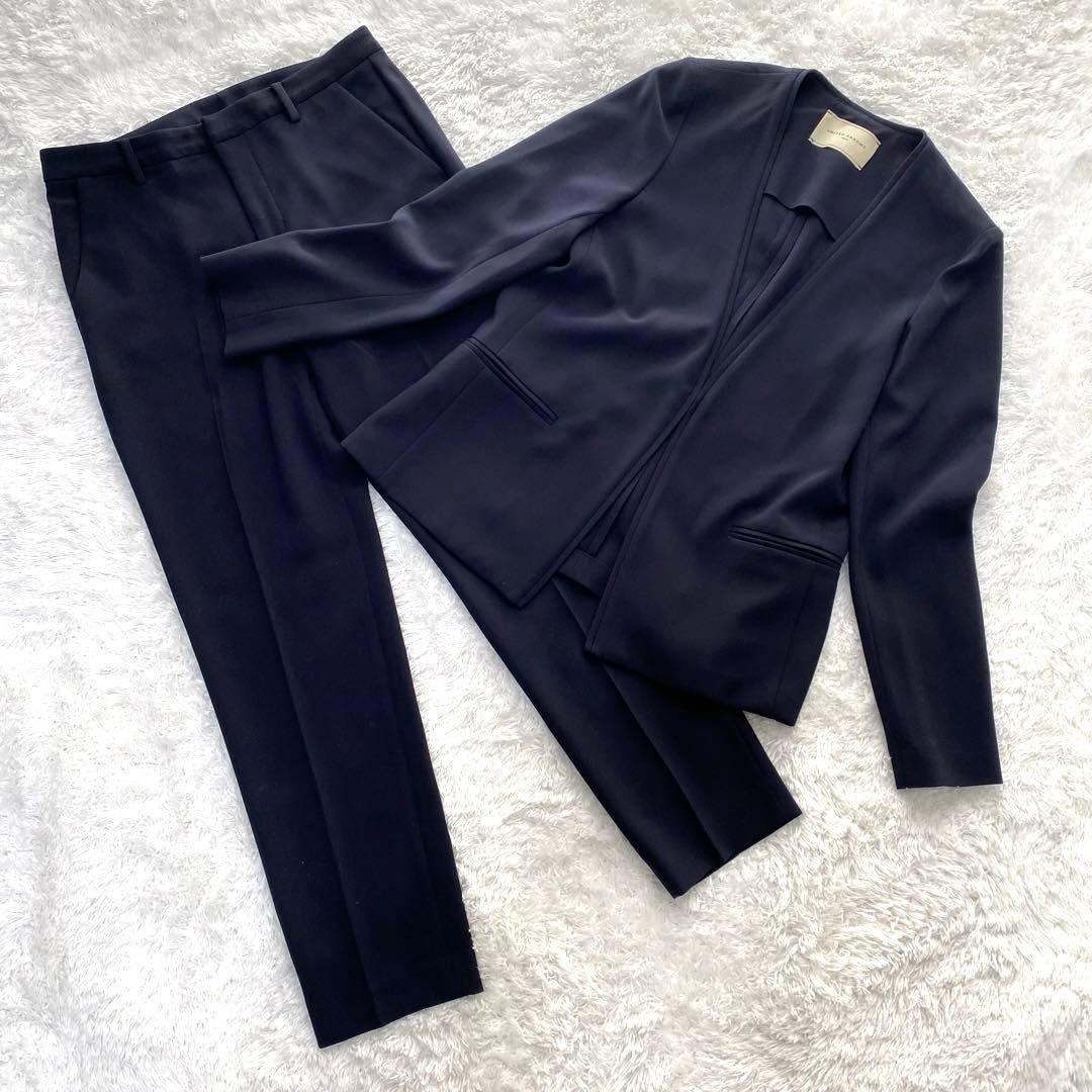 【極美品】ユナイテッドアローズトウキョウ ノーカラー パンツスーツ 紺 洗える