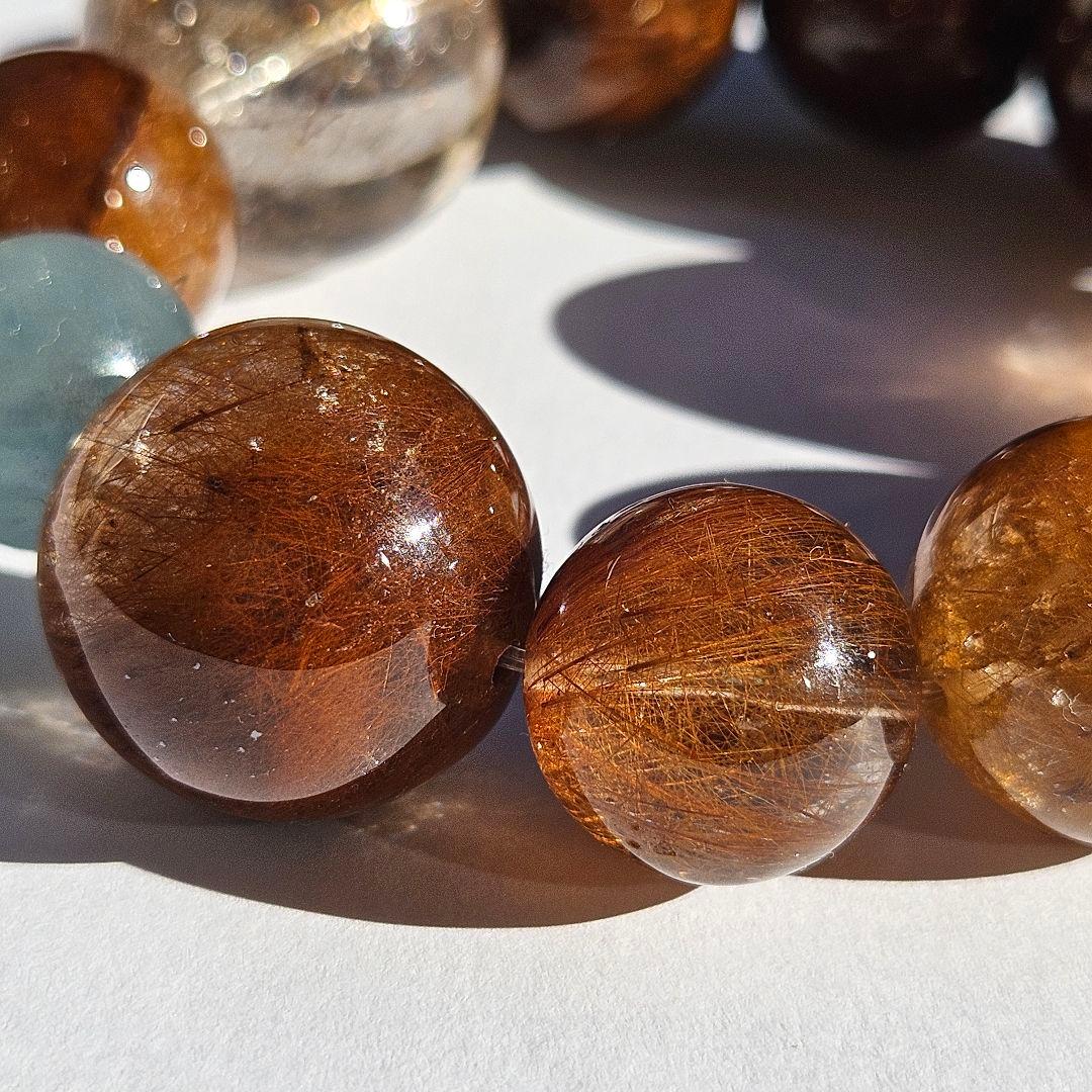 ブラウンルチルクォーツ×アクアマリン　ブレスレット　天然石　一点物　キラキラ