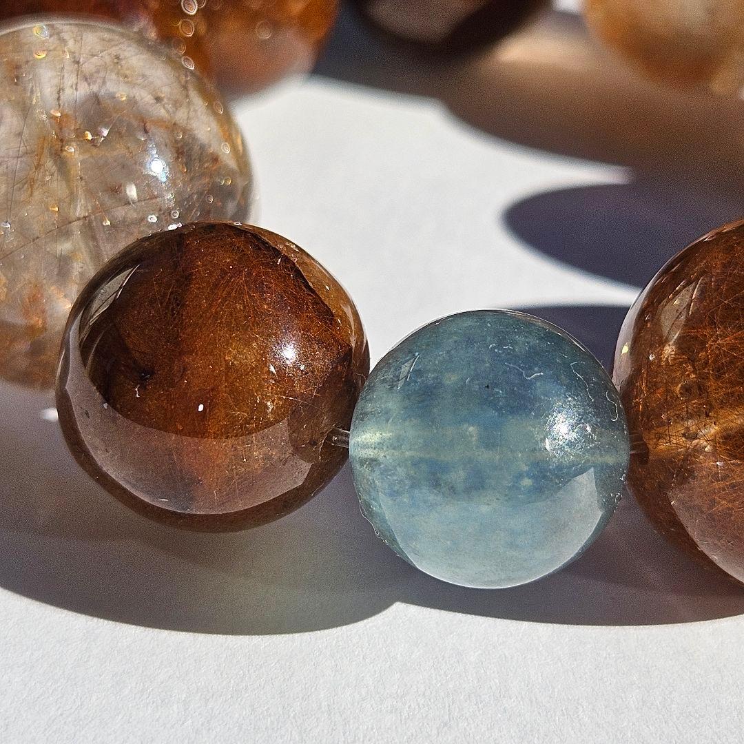 ブラウンルチルクォーツ×アクアマリン　ブレスレット　天然石　一点物　キラキラ