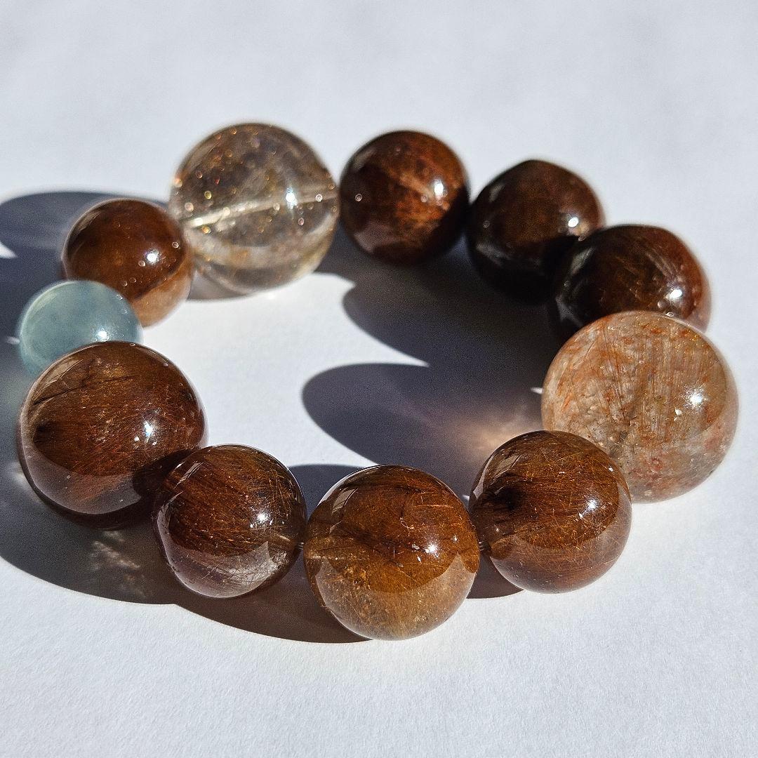 ブラウンルチルクォーツ×アクアマリン　ブレスレット　天然石　一点物　キラキラ