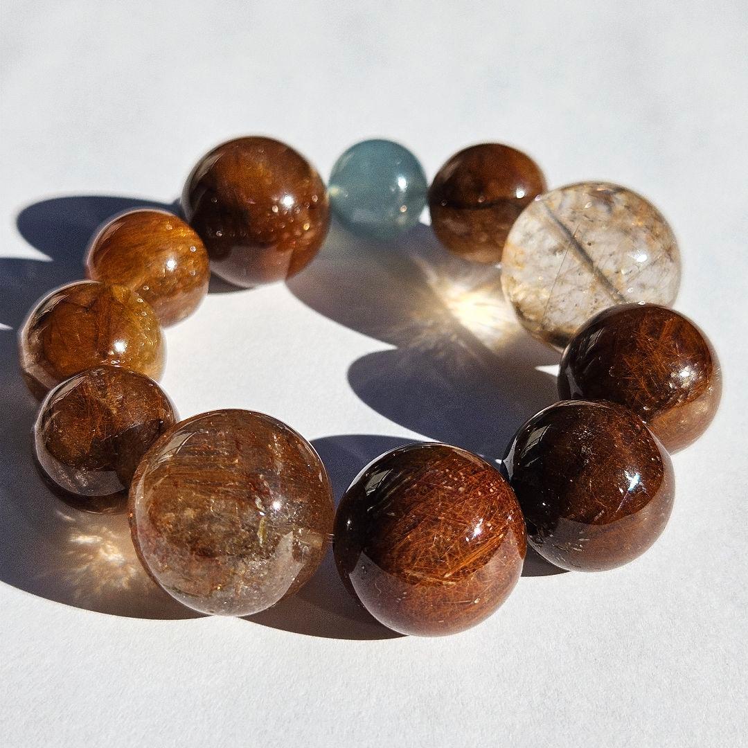 ブラウンルチルクォーツ×アクアマリン　ブレスレット　天然石　一点物　キラキラ