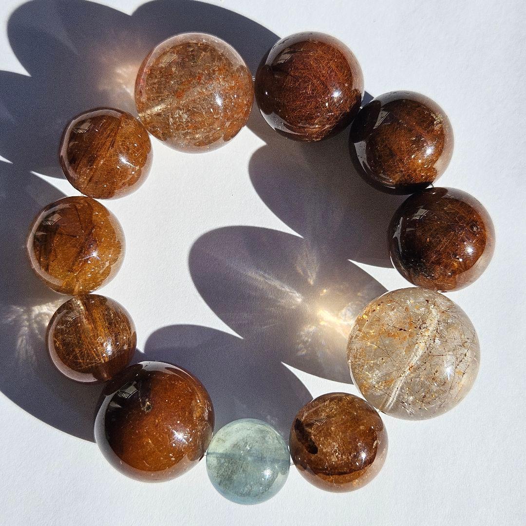 ブラウンルチルクォーツ×アクアマリン　ブレスレット　天然石　一点物　キラキラ