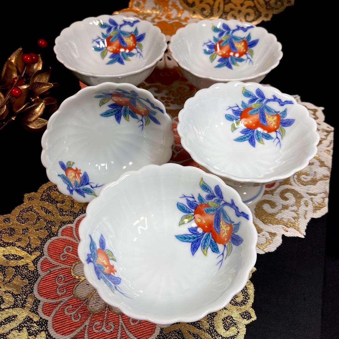 ◉様々な設えに◉ 賞美堂 其泉 青白磁 菊割 色絵柘榴 高台小鉢 セット 向付
