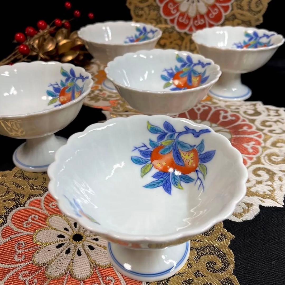 ◉様々な設えに◉ 賞美堂 其泉 青白磁 菊割 色絵柘榴 高台小鉢 セット 向付