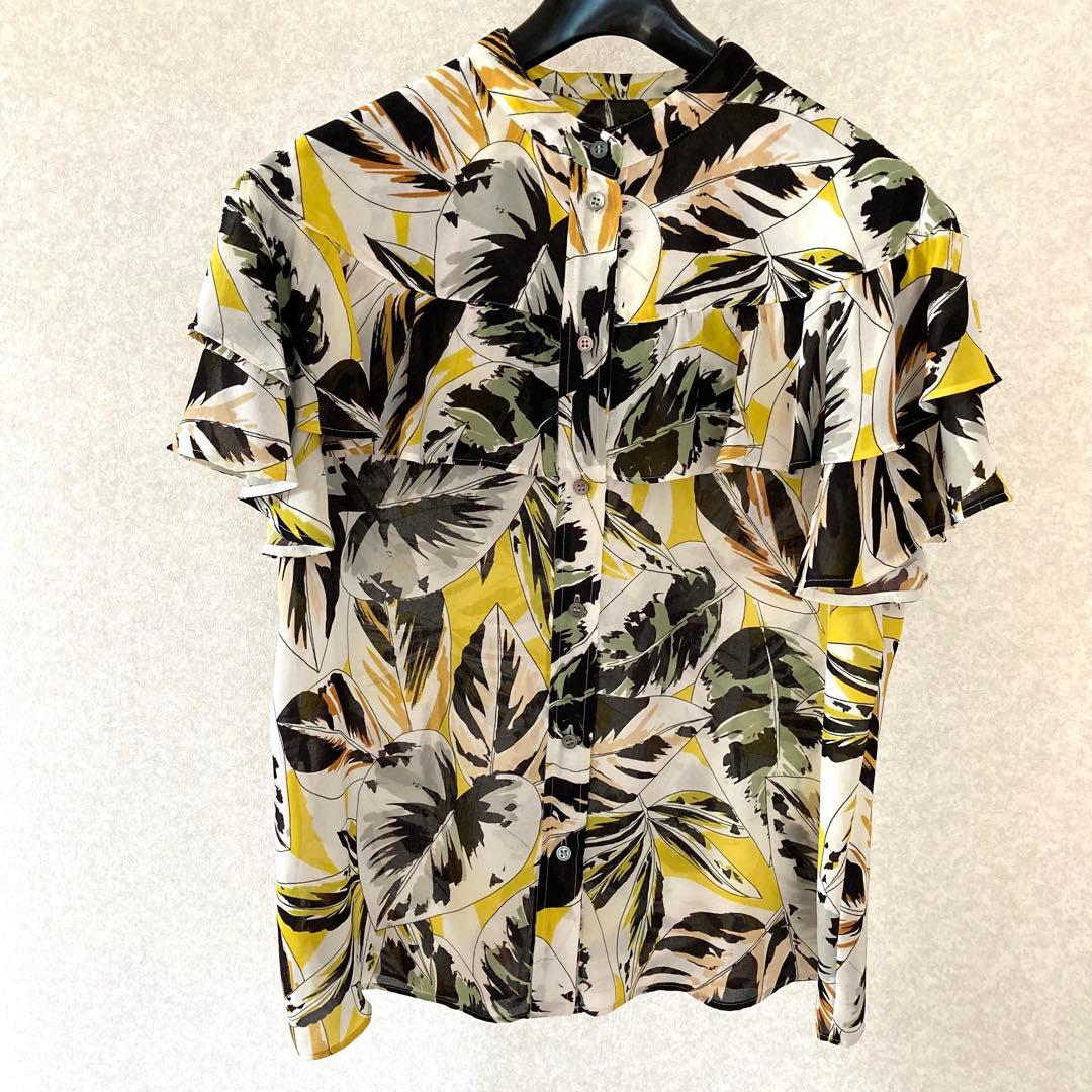 アルアバイル　22SS ボタニカルプリントフリルマオカラー半袖シャツ2 イエロー