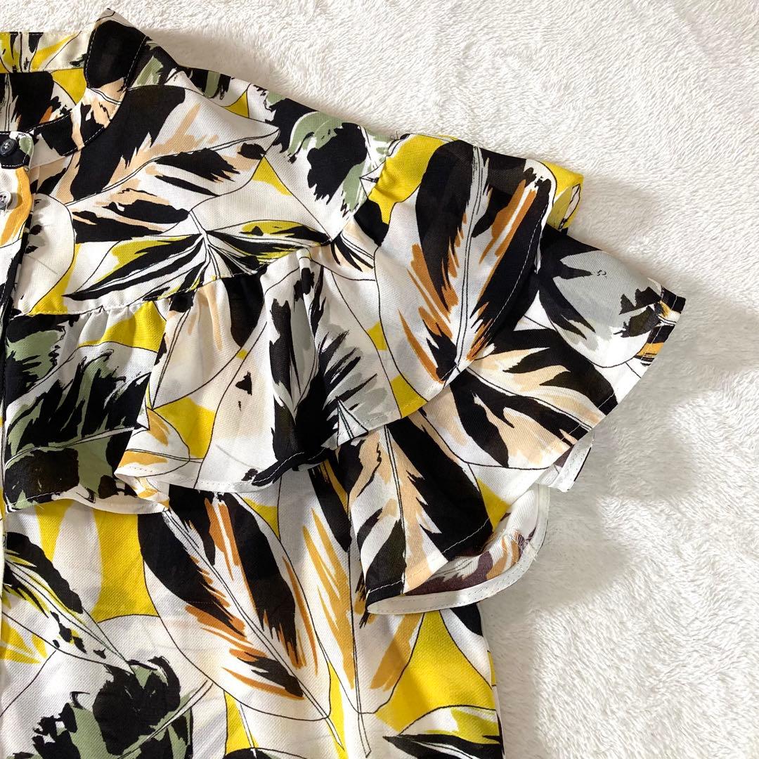 アルアバイル　22SS ボタニカルプリントフリルマオカラー半袖シャツ2 イエロー