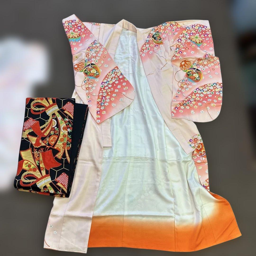 七五三用 女児着物 正絹　アンティークピンク 花柄　長襦袢　全通帯付き　7歳