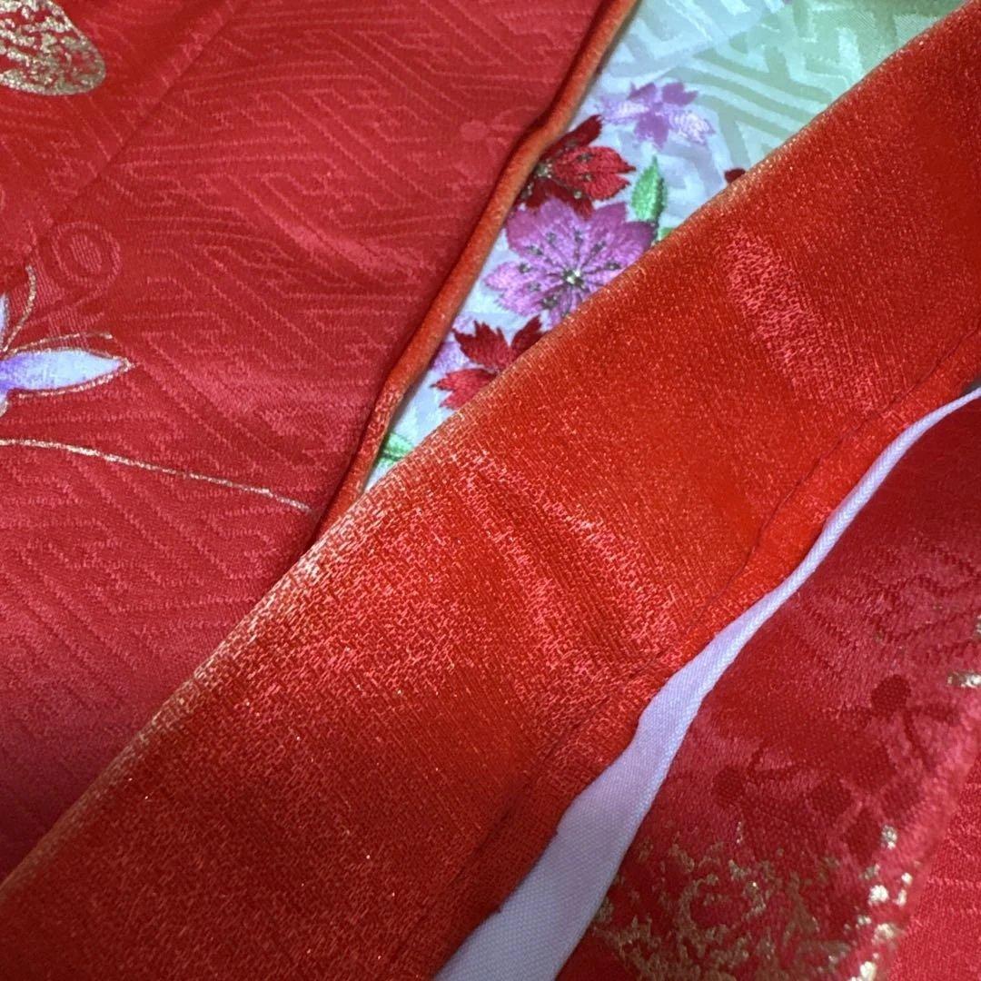 122 正絹着物　赤×蝶々×花車　七五三着物セット　3歳　日本製　結び帯