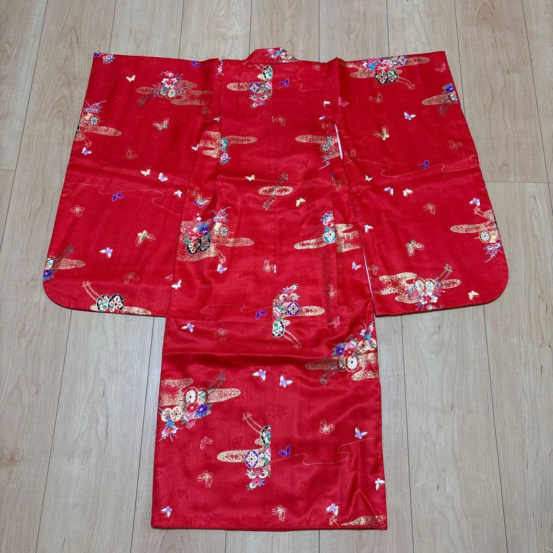 122 正絹着物　赤×蝶々×花車　七五三着物セット　3歳　日本製　結び帯