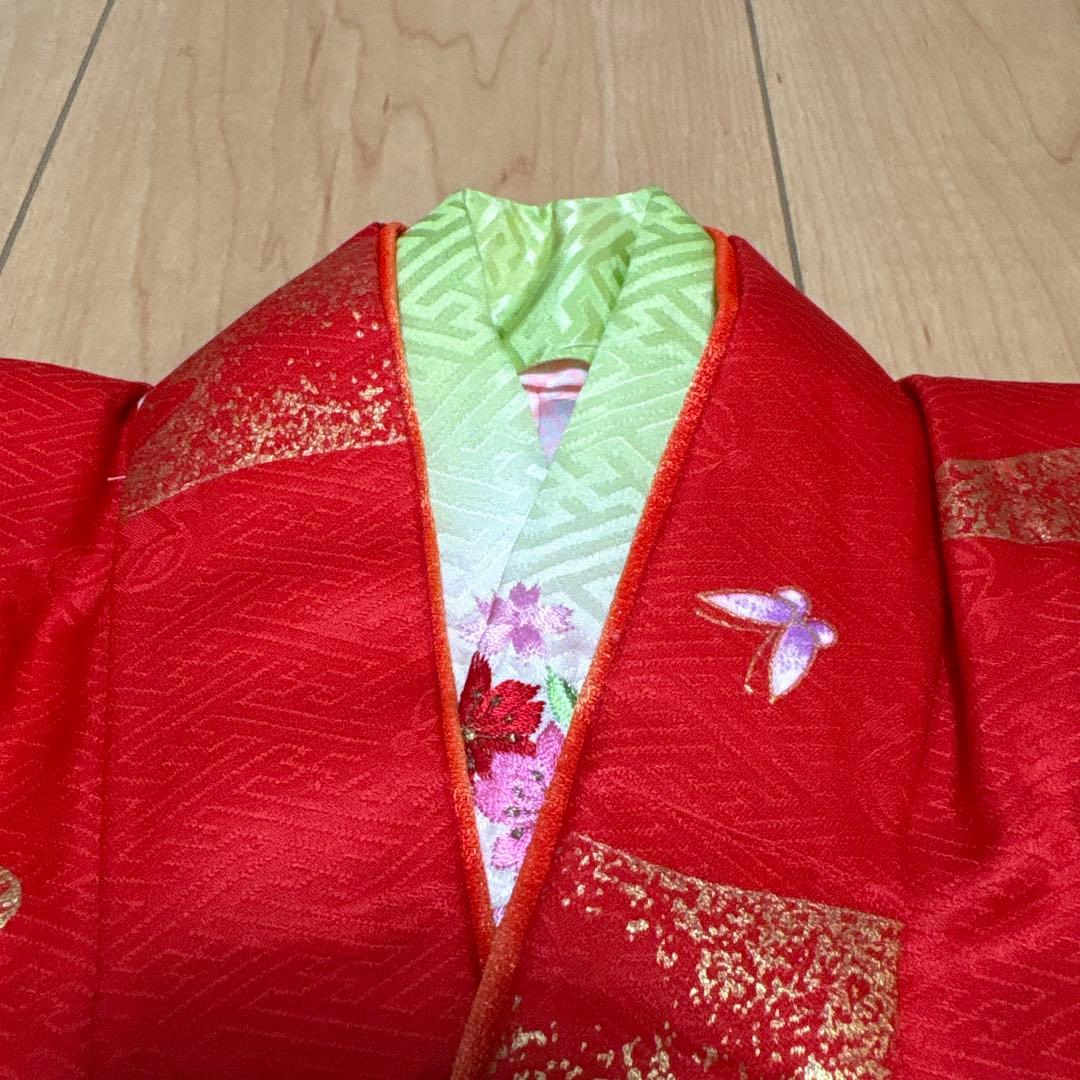 122 正絹着物　赤×蝶々×花車　七五三着物セット　3歳　日本製　結び帯