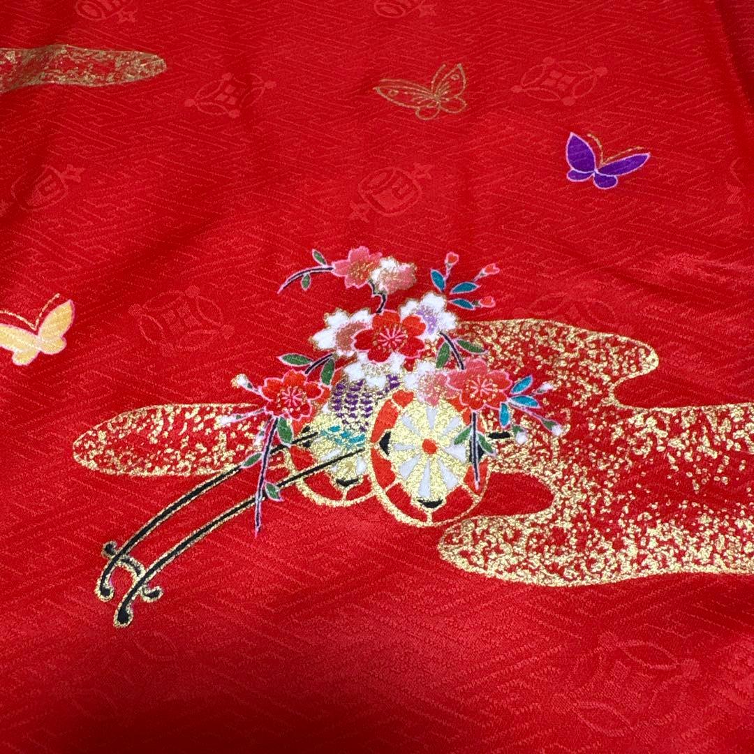 122 正絹着物　赤×蝶々×花車　七五三着物セット　3歳　日本製　結び帯