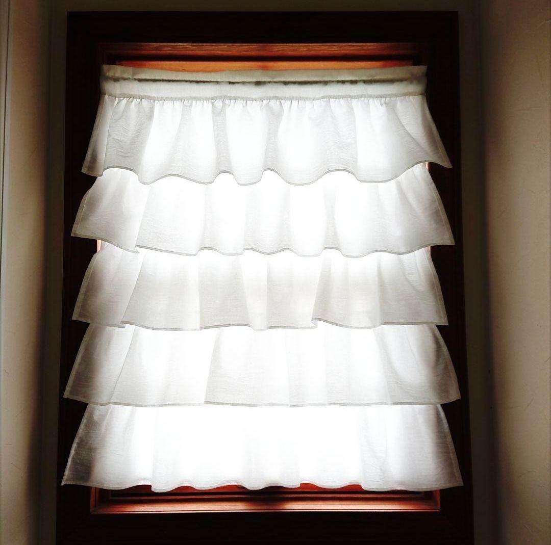 ホワイトコットン♪５段フリルカフェカーテン 62cm×76cm ハンドメイド