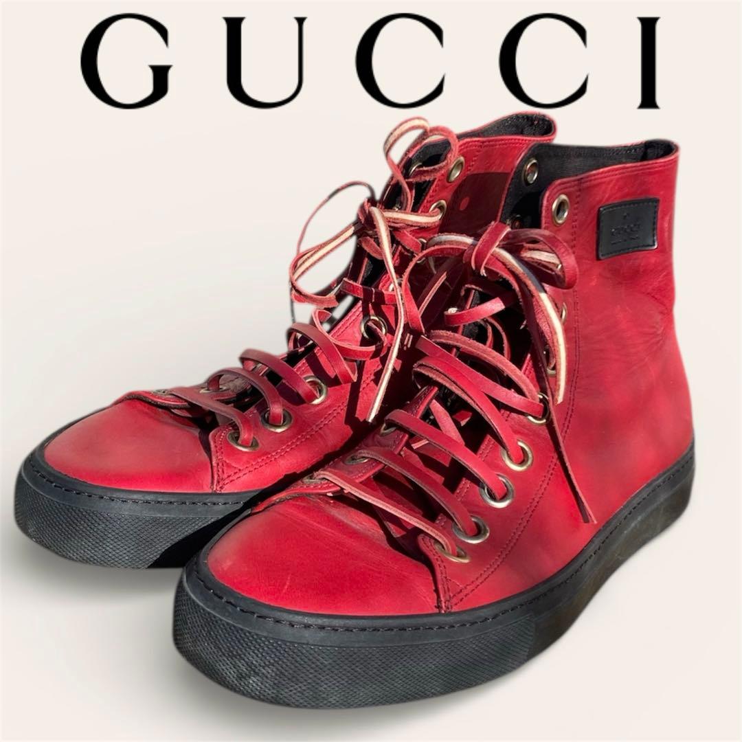 【匿名配達⭕️】GUCCI グッチ　レザーハイカットスニーカー レッド/ブラック