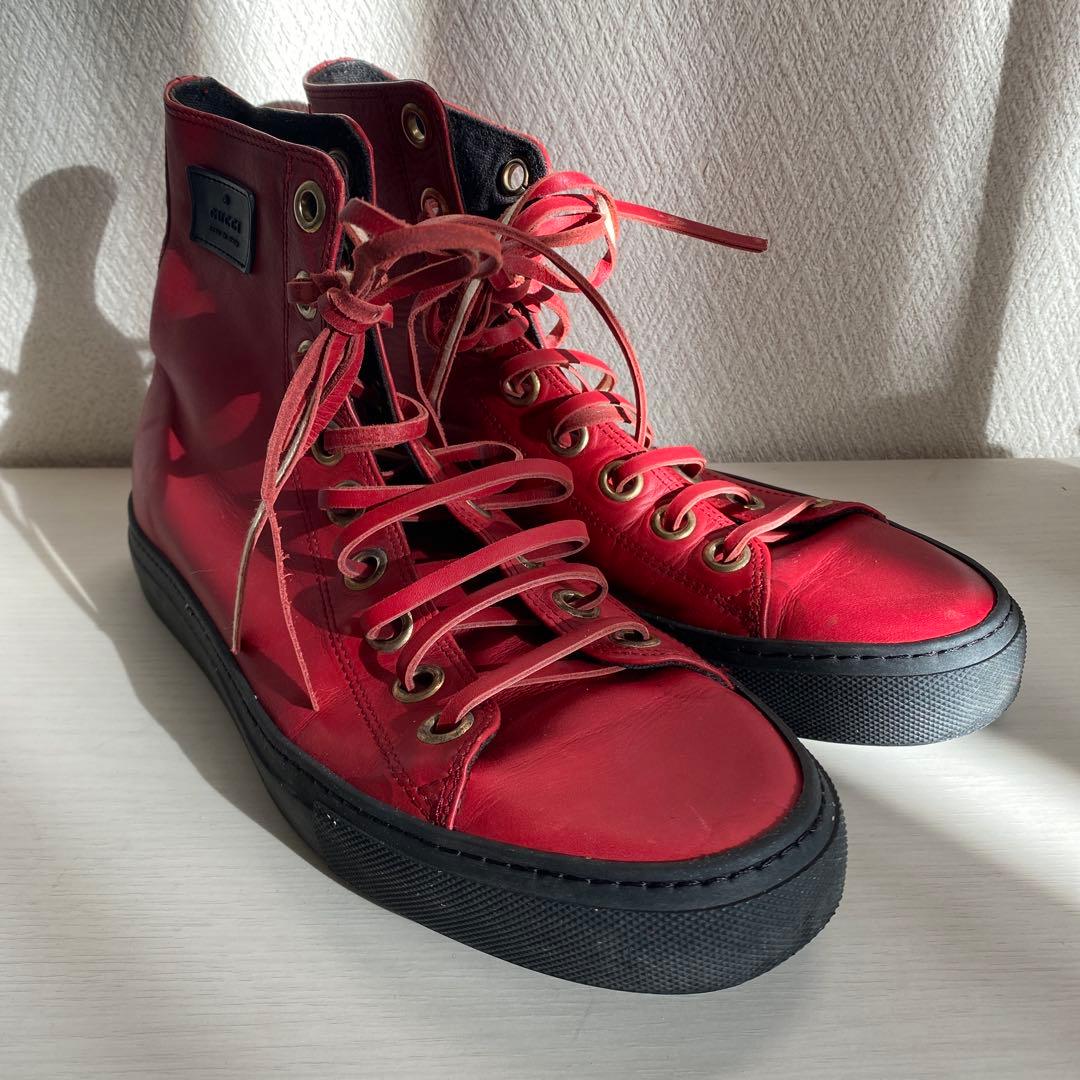 【匿名配達⭕️】GUCCI グッチ　レザーハイカットスニーカー レッド/ブラック