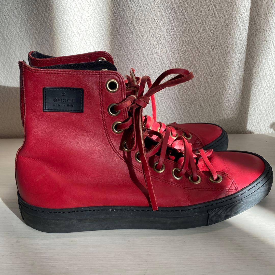 【匿名配達⭕️】GUCCI グッチ　レザーハイカットスニーカー レッド/ブラック