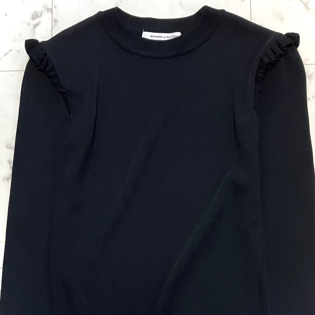 極美品 ボーダーズアットバルコニー ベーシックボーダートップニット フリル 黒