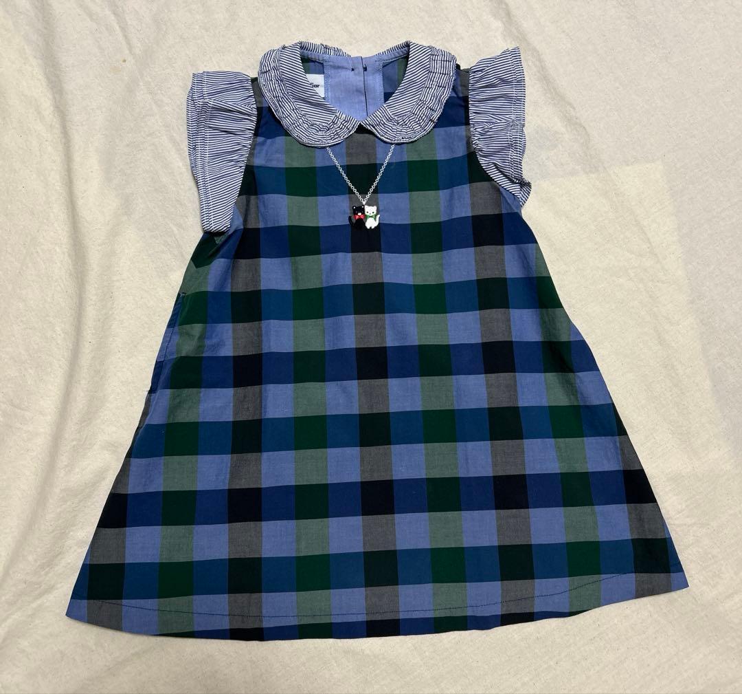 ファミリア　ギンガムチェック　ネコ刺繍　ワンピース　90