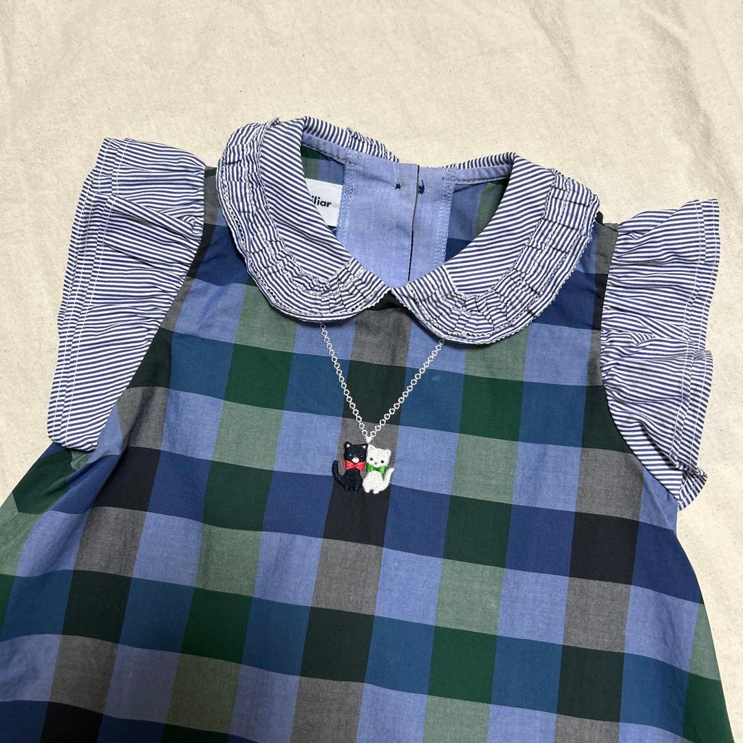 ファミリア　ギンガムチェック　ネコ刺繍　ワンピース　90