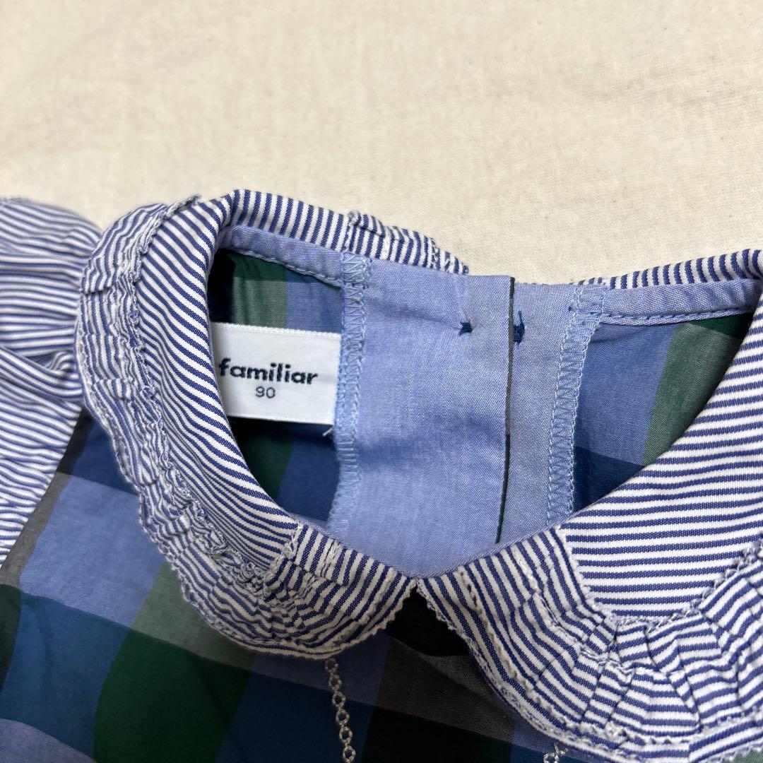 ファミリア　ギンガムチェック　ネコ刺繍　ワンピース　90