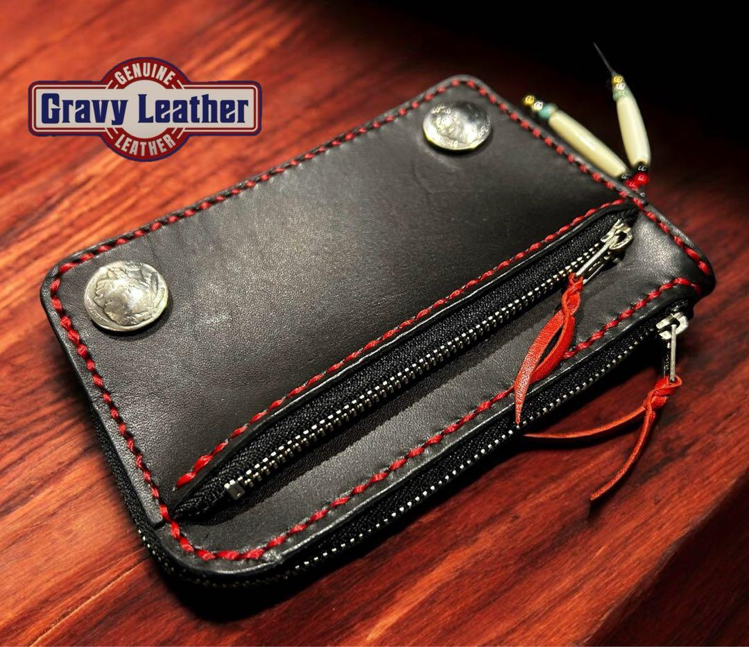 Gravy Leather ダブルジップ 本革 ミニウォレット 黒 赤 小銭入れ