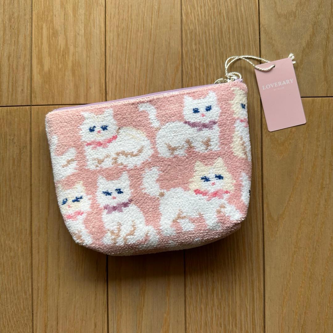 ラブラリーバイフェイラー モフモフネコチャン 舟型ポーチ L ペールピンク