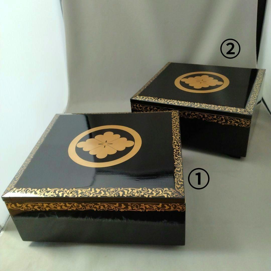 難あり　時代物　輪島塗　金蒔絵　重箱　二段重　家紋入　台付　木箱付