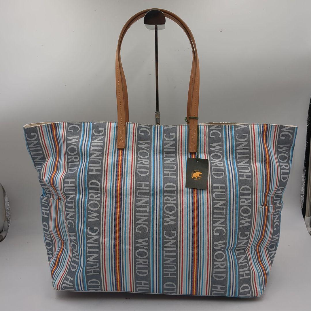 未使用 ハンティングワールド トートバッグ マルチカラー ロゴ ストライプ タグ