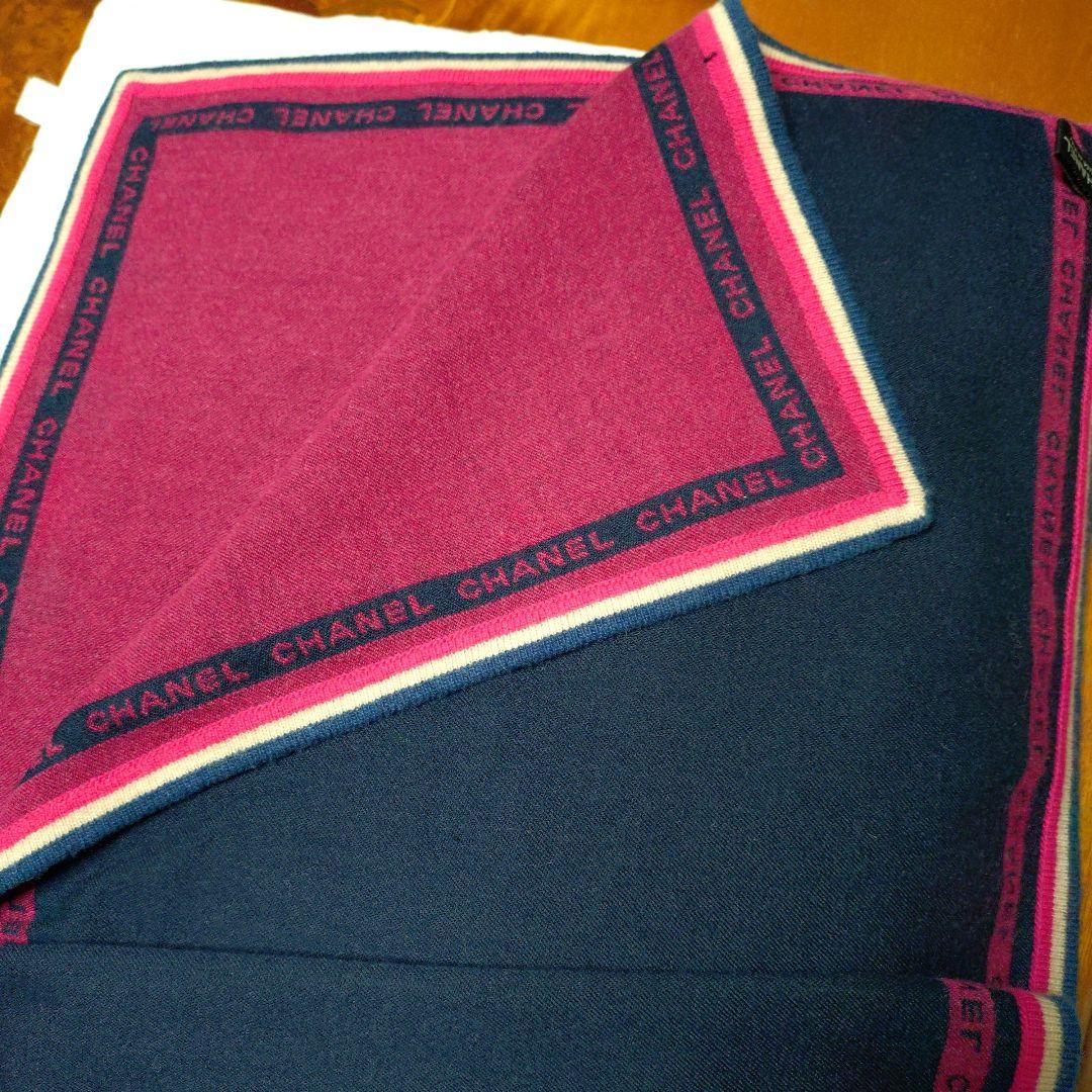CHANEL ウールマフラー ネイビー/ピンク