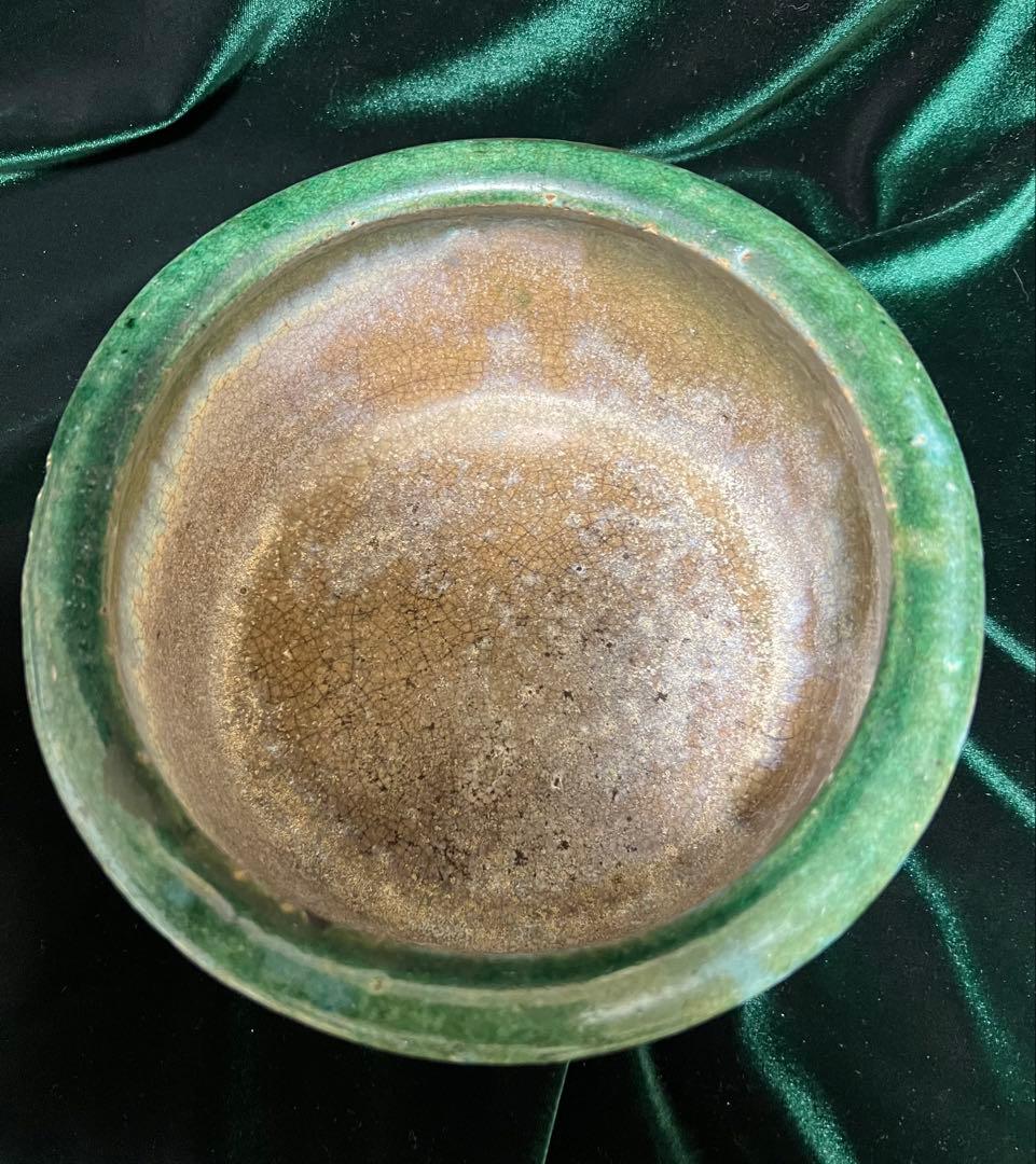 中国清朝在銘（石湾和安造）緑釉陶器 古美術 骨董品高さ8.5cmx口径19cm