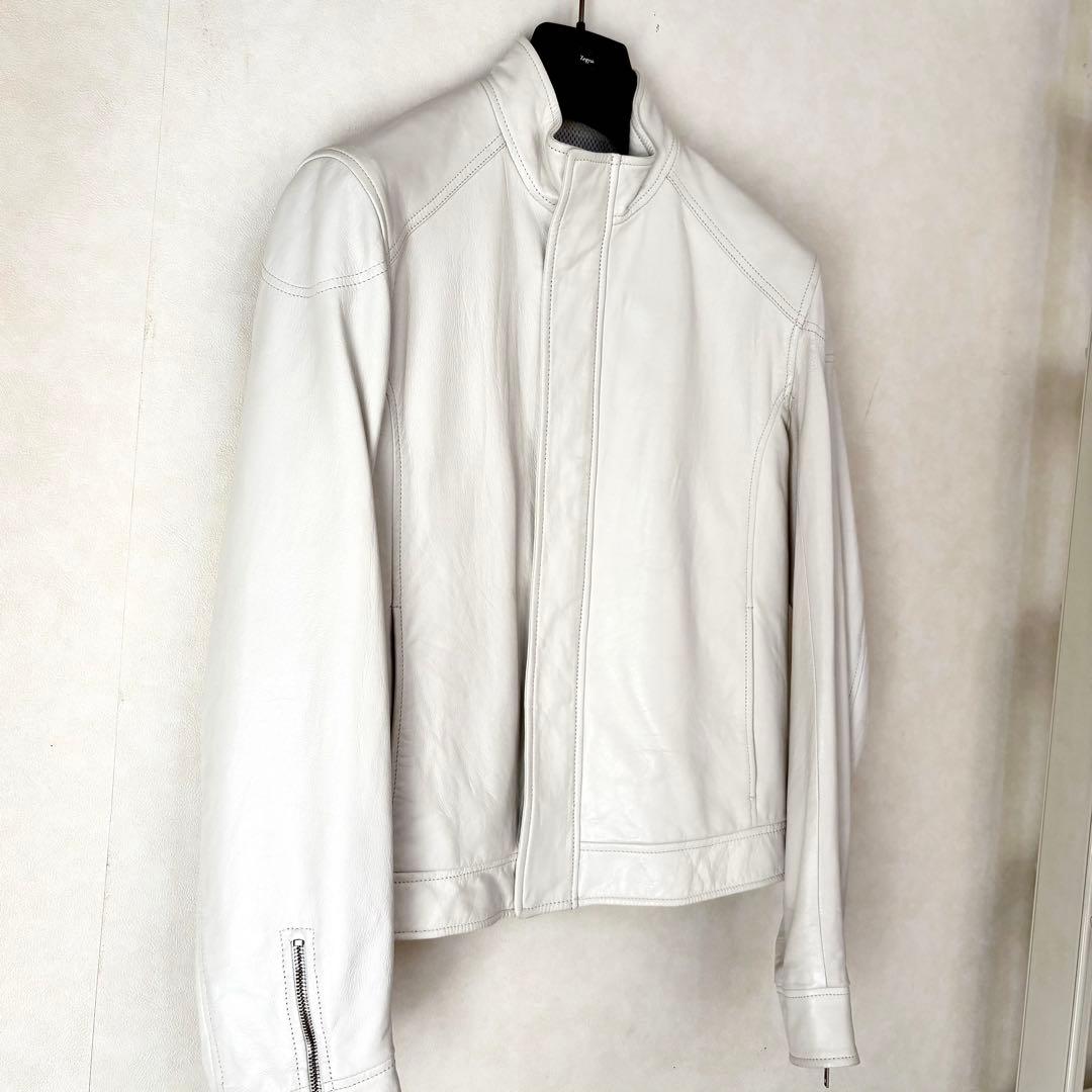 【美品】Zegna スタンドカラーシングルレザージャケット ホワイト白 革ジャン